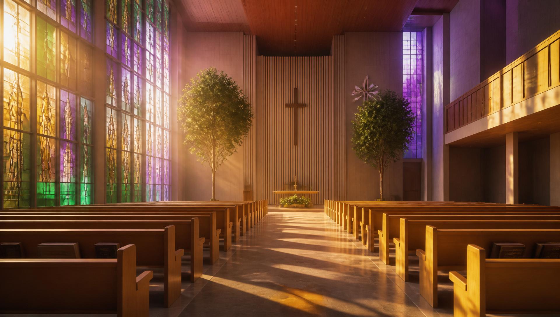 Interior de igreja moderna com luz atravessando vitrais