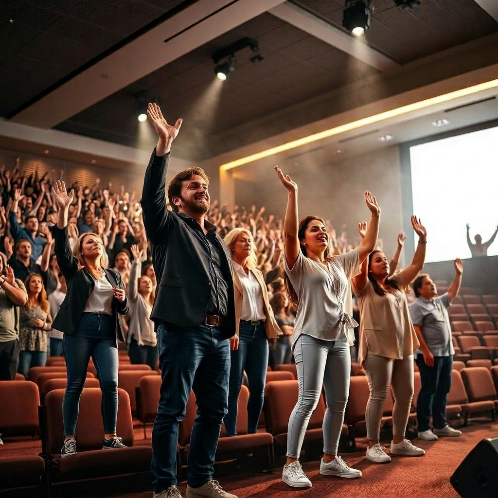 Congregação em momento de adoração com braços erguidos
